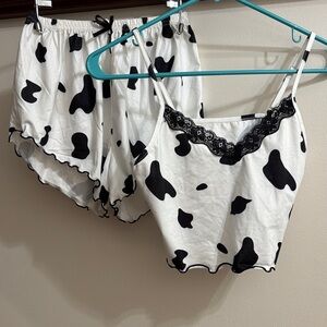 Women's Cow Print Pajama Set with Lace Trim